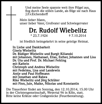 Anzeige von Rudolf Wiebelitz von Kölner Stadt-Anzeiger / Kölnische Rundschau / Express
