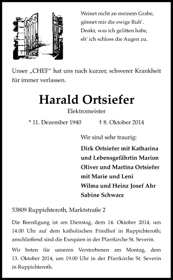 Anzeige von Harald Ortsiefer von Kölner Stadt-Anzeiger / Kölnische Rundschau / Express