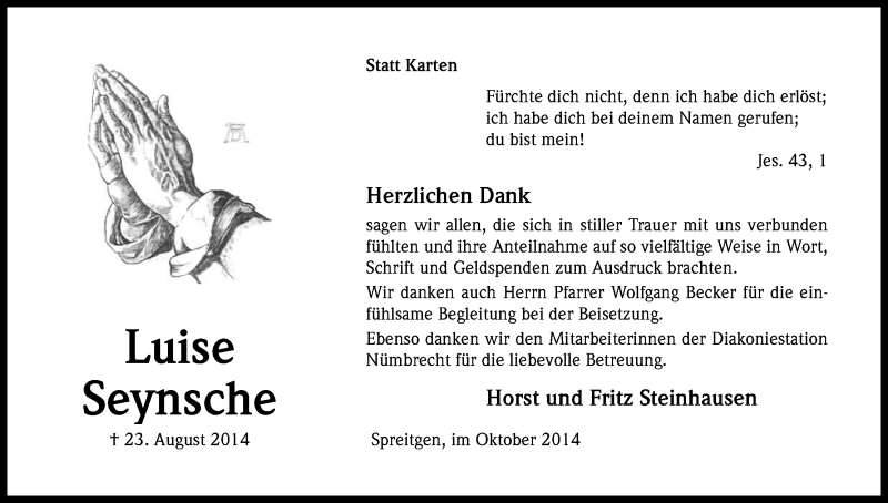  Traueranzeige für Luise Seynsche vom 11.10.2014 aus Kölner Stadt-Anzeiger / Kölnische Rundschau / Express