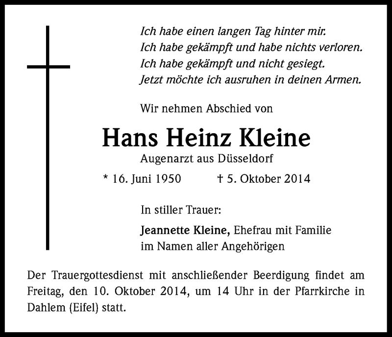  Traueranzeige für Hans Heinz Kleine vom 10.10.2014 aus Kölner Stadt-Anzeiger / Kölnische Rundschau / Express
