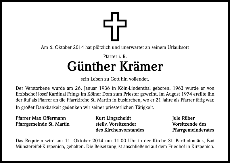  Traueranzeige für Günther Krämer vom 10.10.2014 aus Kölner Stadt-Anzeiger / Kölnische Rundschau / Express