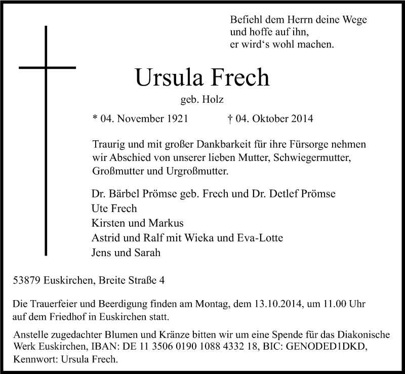  Traueranzeige für Ursula Frech vom 11.10.2014 aus Kölner Stadt-Anzeiger / Kölnische Rundschau / Express