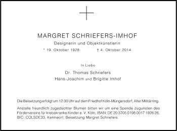 Anzeige von Margret Schriefers-Imhof von Kölner Stadt-Anzeiger / Kölnische Rundschau / Express