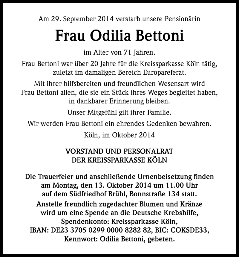 Traueranzeige für Odilia Bettoni vom 10.10.2014 aus Kölner Stadt-Anzeiger / Kölnische Rundschau / Express
