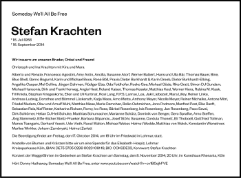 Anzeige von Stefan Krachten von Kölner Stadt-Anzeiger / Kölnische Rundschau / Express