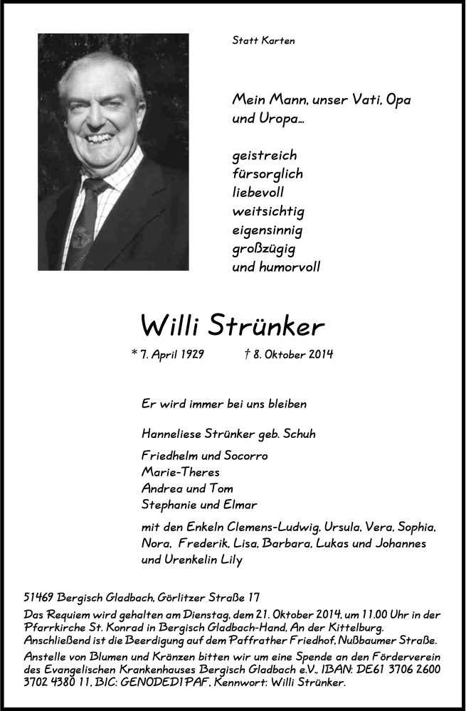  Traueranzeige für Willi Strünker vom 11.10.2014 aus Kölner Stadt-Anzeiger / Kölnische Rundschau / Express