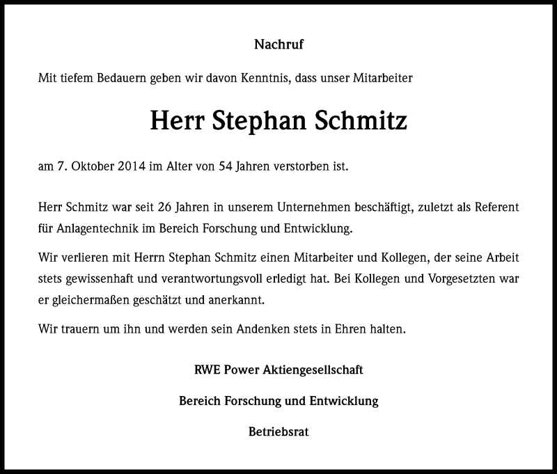  Traueranzeige für Stephan Schmitz vom 15.10.2014 aus Kölner Stadt-Anzeiger / Kölnische Rundschau / Express