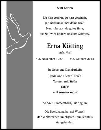 Anzeige von Erna KÃ¶tting von Kölner Stadt-Anzeiger / Kölnische Rundschau / Express