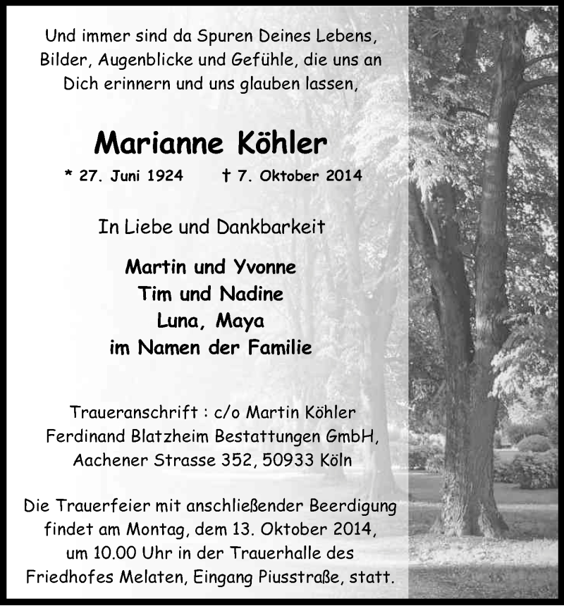  Traueranzeige für Marianne Köhler vom 11.10.2014 aus Kölner Stadt-Anzeiger / Kölnische Rundschau / Express