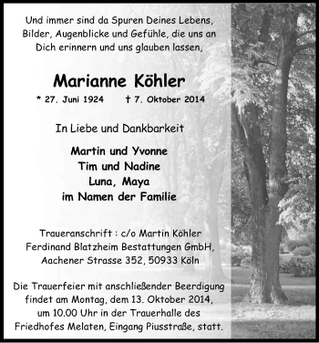 Anzeige von Marianne Köhler von Kölner Stadt-Anzeiger / Kölnische Rundschau / Express