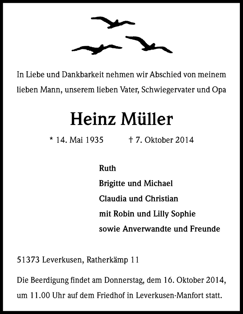  Traueranzeige für Heinz Müller vom 11.10.2014 aus Kölner Stadt-Anzeiger / Kölnische Rundschau / Express
