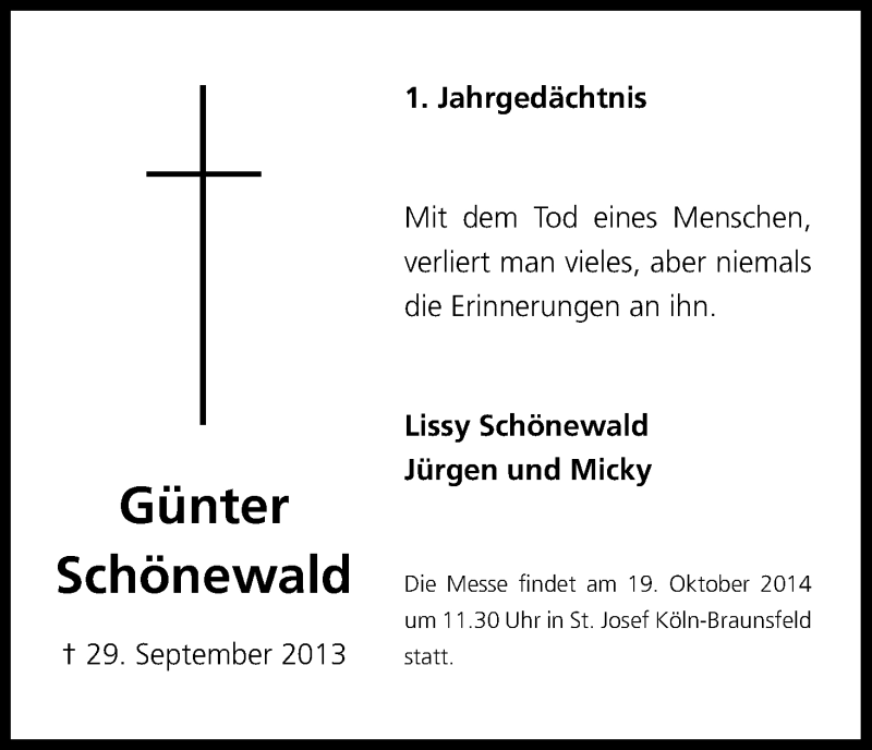  Traueranzeige für Günter Schönewald vom 11.10.2014 aus Kölner Stadt-Anzeiger / Kölnische Rundschau / Express