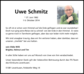 Anzeige von Uwe Schmitz von Kölner Stadt-Anzeiger / Kölnische Rundschau / Express