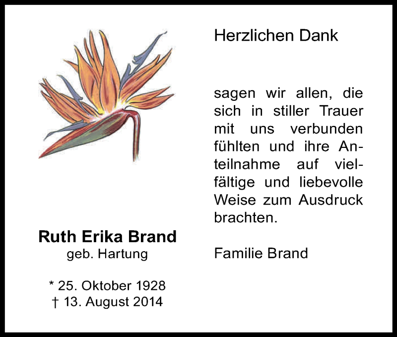  Traueranzeige für Ruth Erika Brand vom 11.10.2014 aus Kölner Stadt-Anzeiger / Kölnische Rundschau / Express