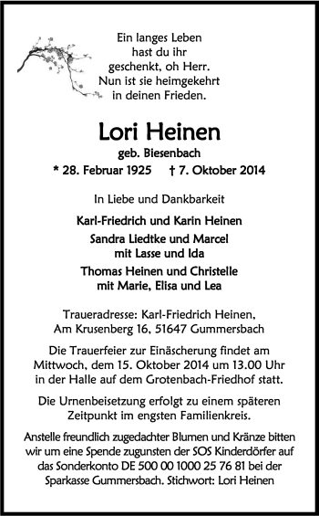 Anzeige von Lori Heinen von Kölner Stadt-Anzeiger / Kölnische Rundschau / Express