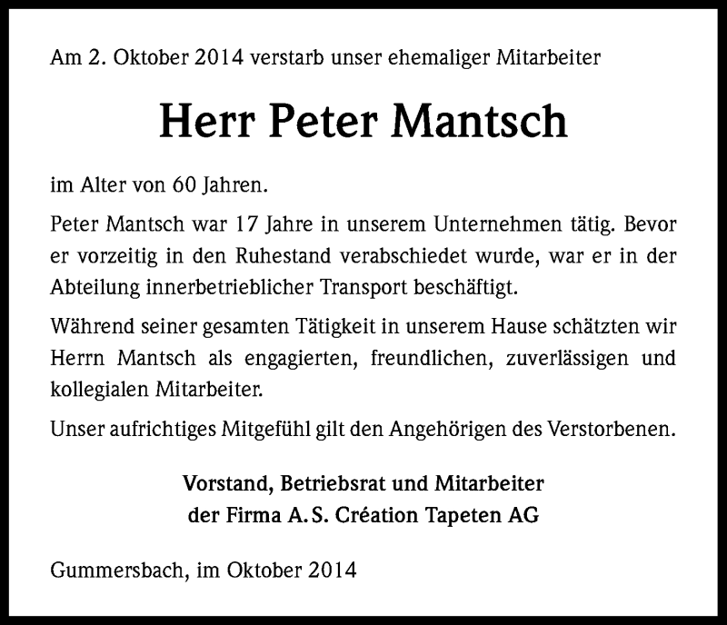  Traueranzeige für Peter Mantsch vom 13.10.2014 aus Kölner Stadt-Anzeiger / Kölnische Rundschau / Express