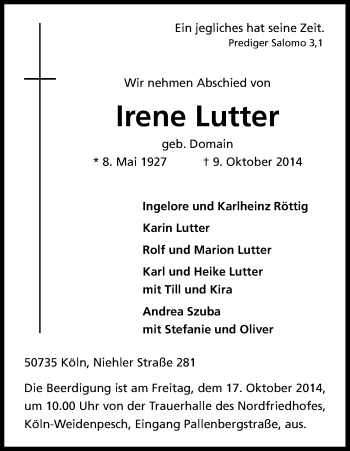 Anzeige von Irene Lutter von Kölner Stadt-Anzeiger / Kölnische Rundschau / Express