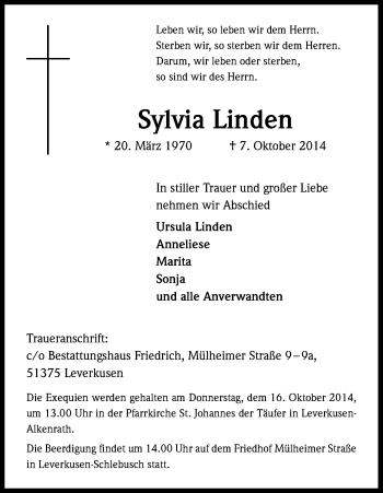 Anzeige von Sylvia Linden von Kölner Stadt-Anzeiger / Kölnische Rundschau / Express