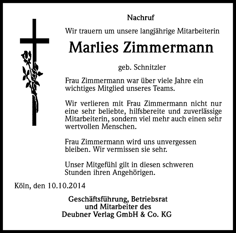  Traueranzeige für Marlies Zimmermann vom 11.10.2014 aus Kölner Stadt-Anzeiger / Kölnische Rundschau / Express
