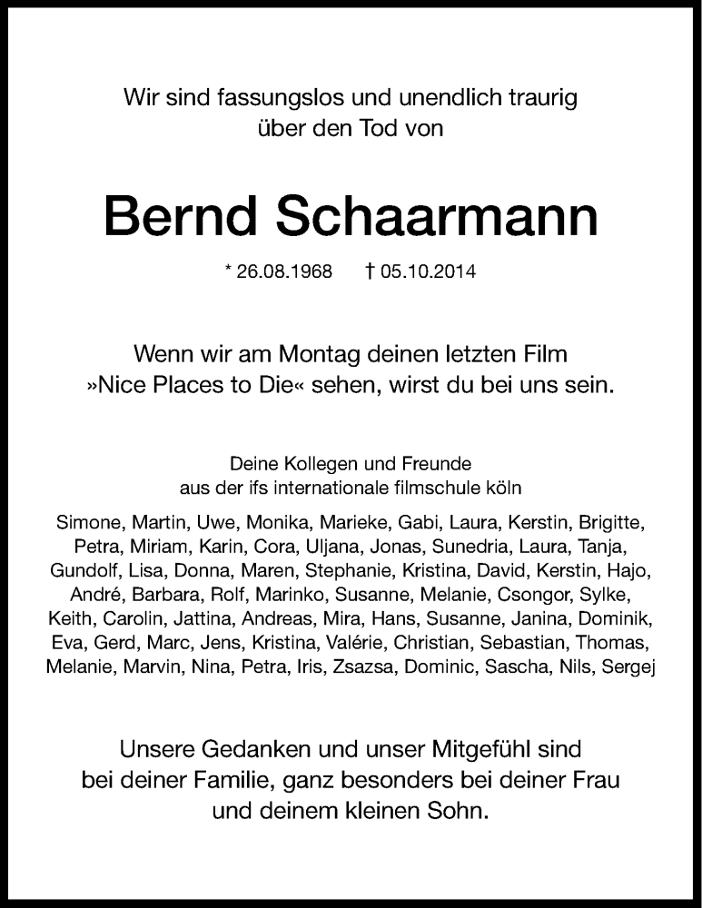  Traueranzeige für Bernd Schaarmann vom 11.10.2014 aus Kölner Stadt-Anzeiger / Kölnische Rundschau / Express