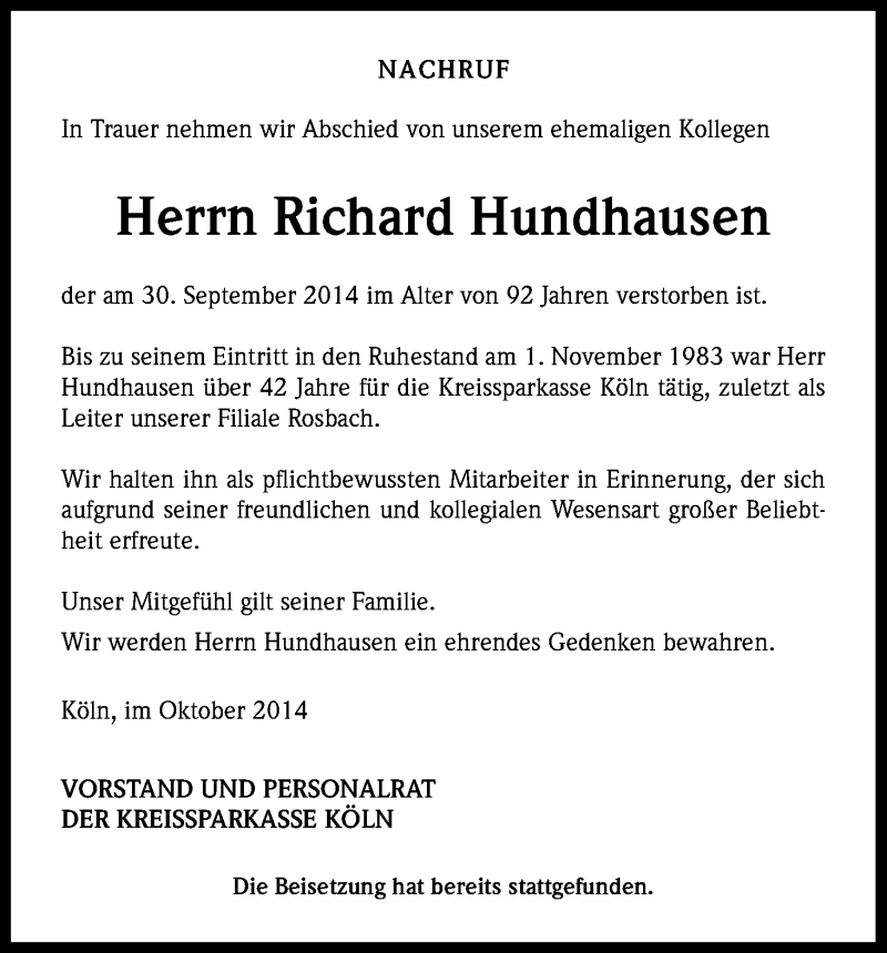  Traueranzeige für Richard Hundhausen vom 13.10.2014 aus Kölner Stadt-Anzeiger / Kölnische Rundschau / Express