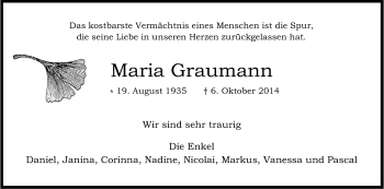 Anzeige von Maria Graumann von Kölner Stadt-Anzeiger / Kölnische Rundschau / Express