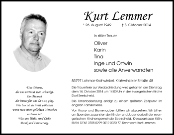 Anzeige von Kurt Lemmer von Kölner Stadt-Anzeiger / Kölnische Rundschau / Express