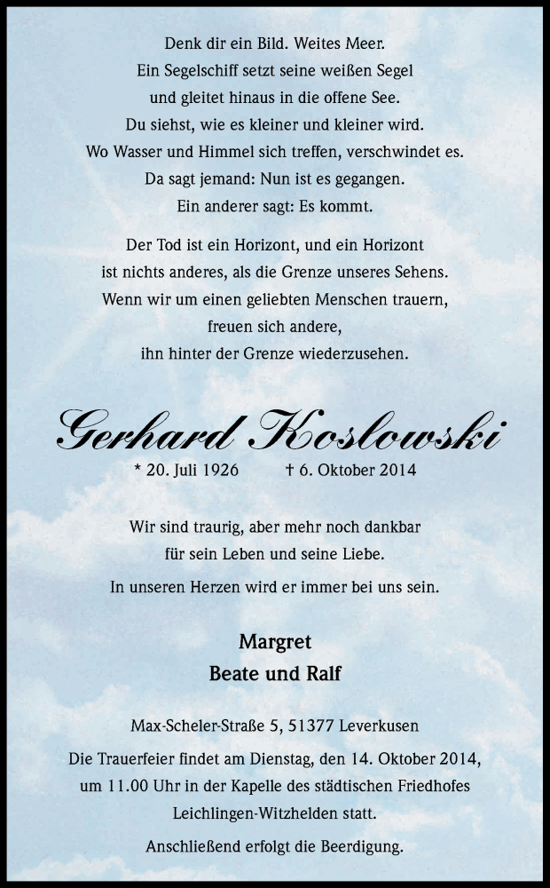  Traueranzeige für Gerhard Koslowski vom 11.10.2014 aus Kölner Stadt-Anzeiger / Kölnische Rundschau / Express