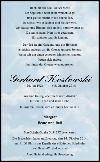 Anzeige von Gerhard Koslowski von Kölner Stadt-Anzeiger / Kölnische Rundschau / Express