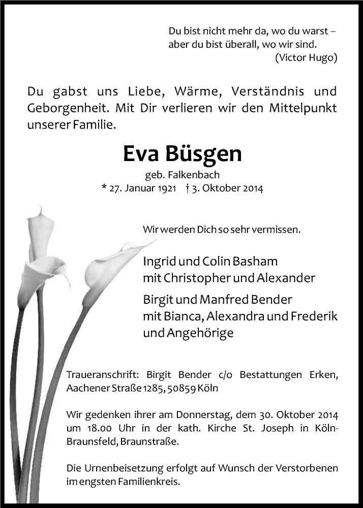  Traueranzeige für Eva Büsgen vom 11.10.2014 aus Kölner Stadt-Anzeiger / Kölnische Rundschau / Express