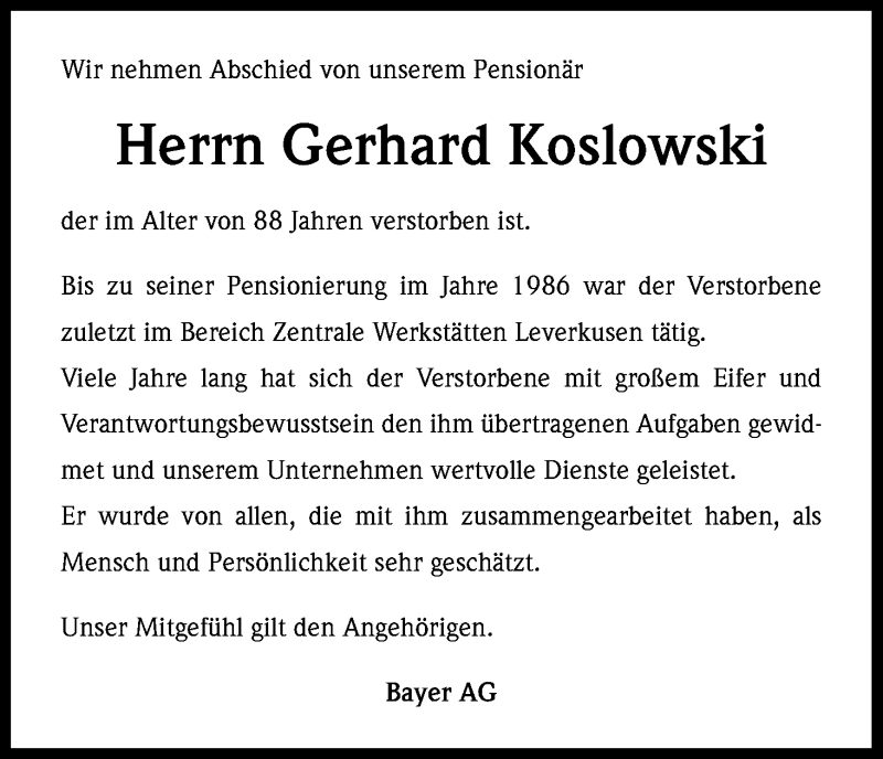  Traueranzeige für Gerhard Koslowski vom 14.10.2014 aus Kölner Stadt-Anzeiger / Kölnische Rundschau / Express
