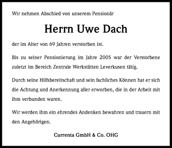 Anzeige von Uwe Dach von Kölner Stadt-Anzeiger / Kölnische Rundschau / Express