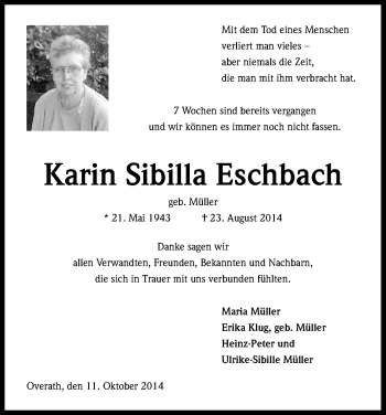 Anzeige von Karin Sibilla Eschbach von Kölner Stadt-Anzeiger / Kölnische Rundschau / Express