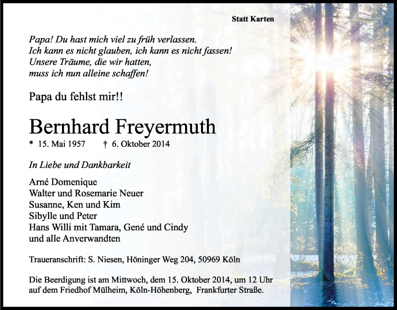  Traueranzeige für Bernhard Freyermuth vom 11.10.2014 aus Kölner Stadt-Anzeiger / Kölnische Rundschau / Express
