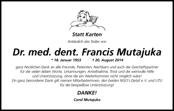 Anzeige von Francis Mutajuka von Kölner Stadt-Anzeiger / Kölnische Rundschau / Express