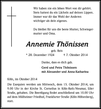Anzeige von Annemie Thönissen von Kölner Stadt-Anzeiger / Kölnische Rundschau / Express