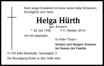 Anzeige von Helga Hürth von Kölner Stadt-Anzeiger / Kölnische Rundschau / Express