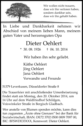 Anzeige von Dieter Oehlert von Kölner Stadt-Anzeiger / Kölnische Rundschau / Express