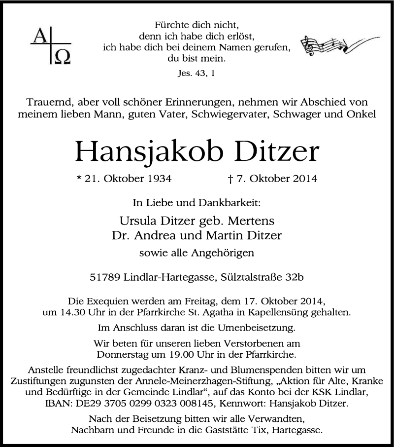  Traueranzeige für Hansjakob Ditzer vom 11.10.2014 aus Kölner Stadt-Anzeiger / Kölnische Rundschau / Express