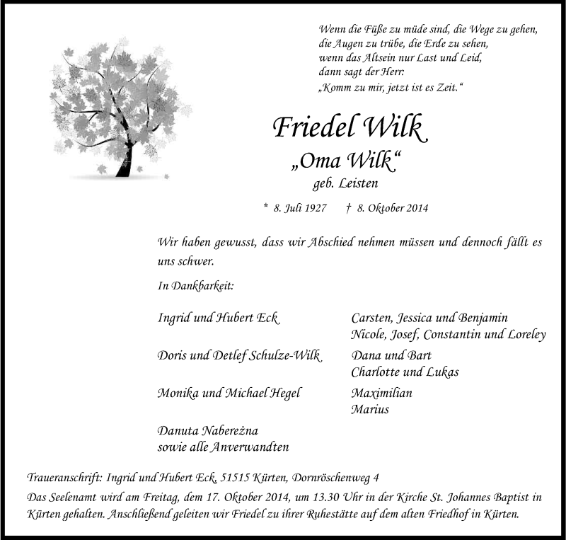  Traueranzeige für Friedel Wilk vom 11.10.2014 aus Kölner Stadt-Anzeiger / Kölnische Rundschau / Express