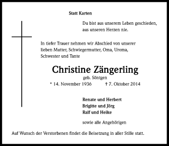 Anzeige von Christine Zängerling von Kölner Stadt-Anzeiger / Kölnische Rundschau / Express