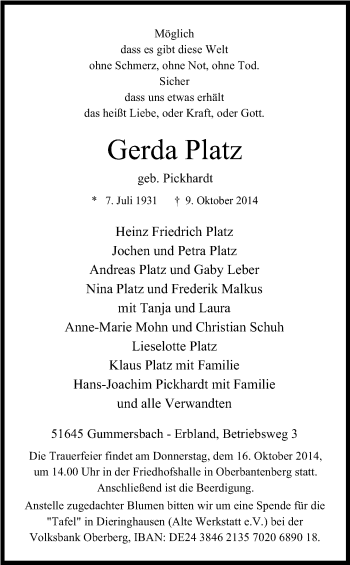 Anzeige von Gerda Platz von Kölner Stadt-Anzeiger / Kölnische Rundschau / Express