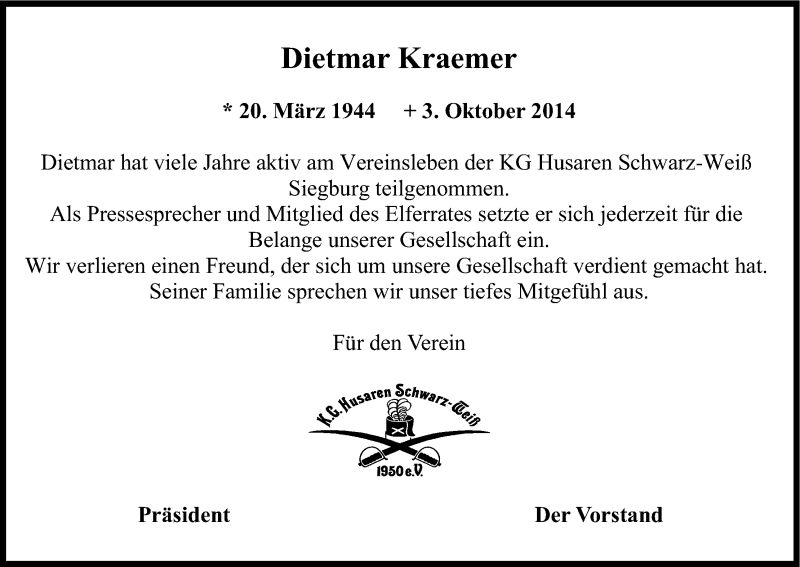  Traueranzeige für Dietmar Kraemer vom 11.10.2014 aus Kölner Stadt-Anzeiger / Kölnische Rundschau / Express