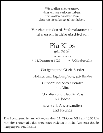 Anzeige von Pia Kips von Kölner Stadt-Anzeiger / Kölnische Rundschau / Express
