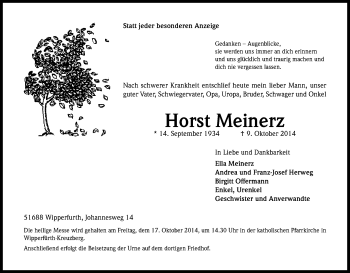 Anzeige von Horst Meinerz von Kölner Stadt-Anzeiger / Kölnische Rundschau / Express