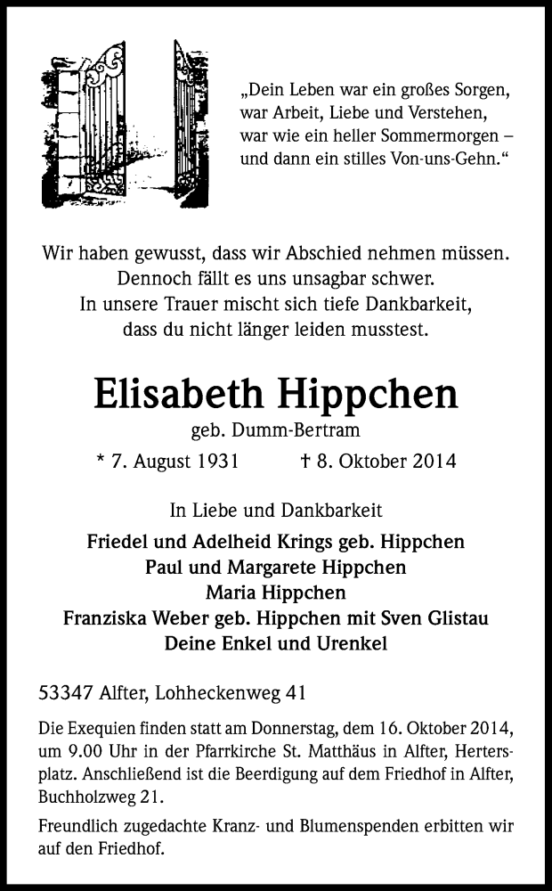  Traueranzeige für Elisabeth Hippchen vom 11.10.2014 aus Kölner Stadt-Anzeiger / Kölnische Rundschau / Express