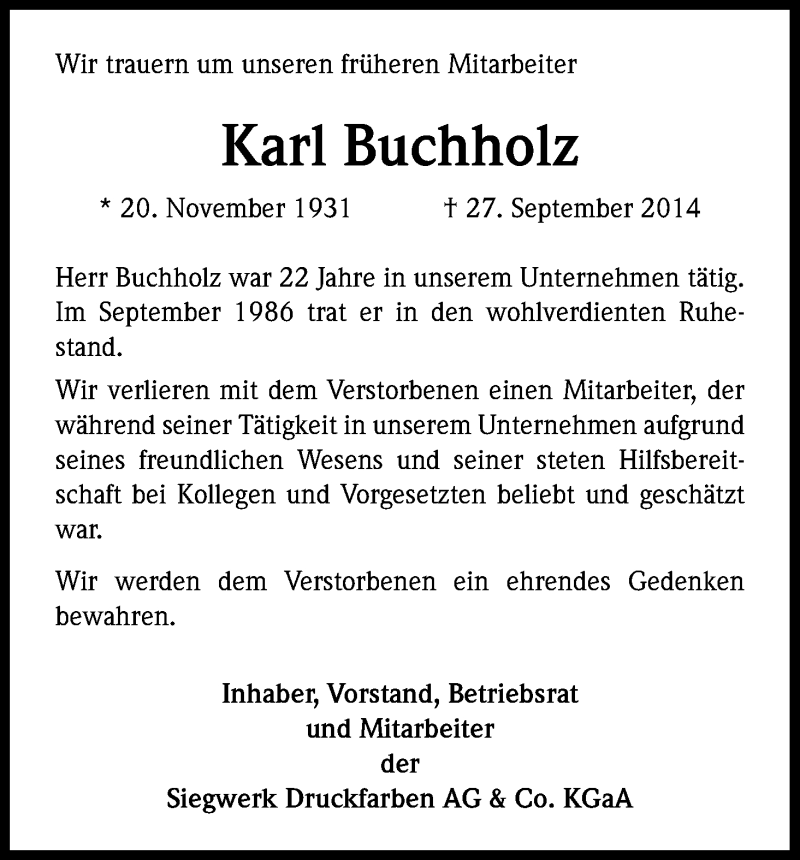  Traueranzeige für Karl Buchholz vom 13.10.2014 aus Kölner Stadt-Anzeiger / Kölnische Rundschau / Express