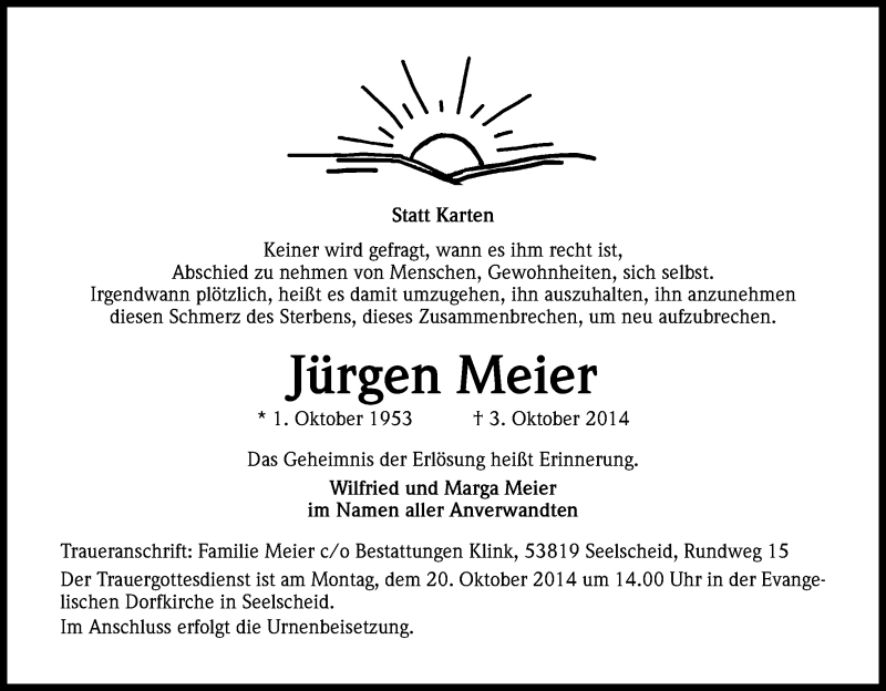  Traueranzeige für Jürgen Meier vom 11.10.2014 aus Kölner Stadt-Anzeiger / Kölnische Rundschau / Express