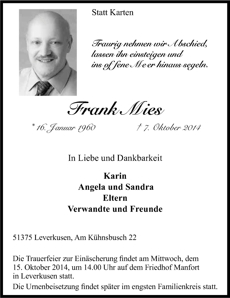  Traueranzeige für Frank Mies vom 11.10.2014 aus Kölner Stadt-Anzeiger / Kölnische Rundschau / Express