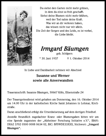 Anzeige von Irmgard Bäumgen von Kölner Stadt-Anzeiger / Kölnische Rundschau / Express